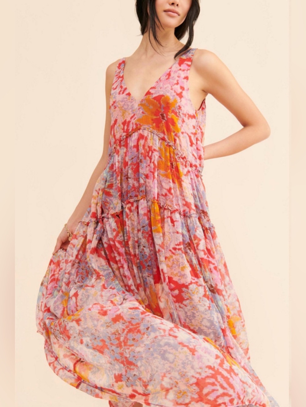 Free People Pink Multi Floral Tiered V-Neck Maxi Dress